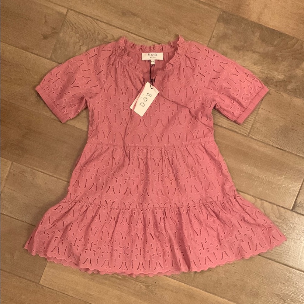 SEA New York Girls Rose Pink Eyelet Tiered Girls' Dress - Size 5-7 years